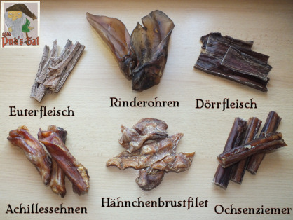 Kauartikel für Hunde - Euterfleisch, Rinderohren, Dörrfleisch, Achillessehnen, Hähnchenbrustfilet, Ochsenziemer